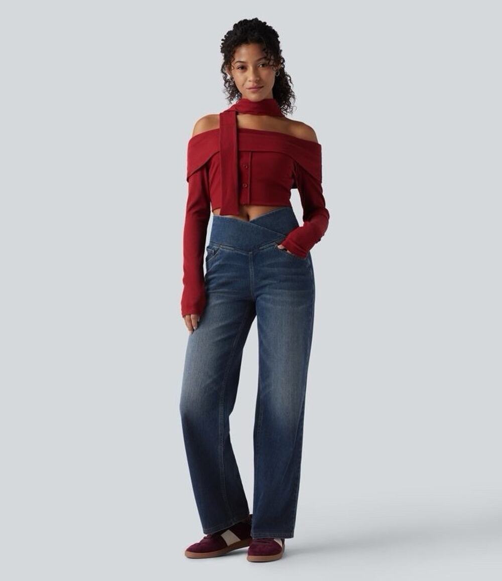 Halara Flex™ Crossover High Waisted Tummy Control Casual Straight Leg Jeans S